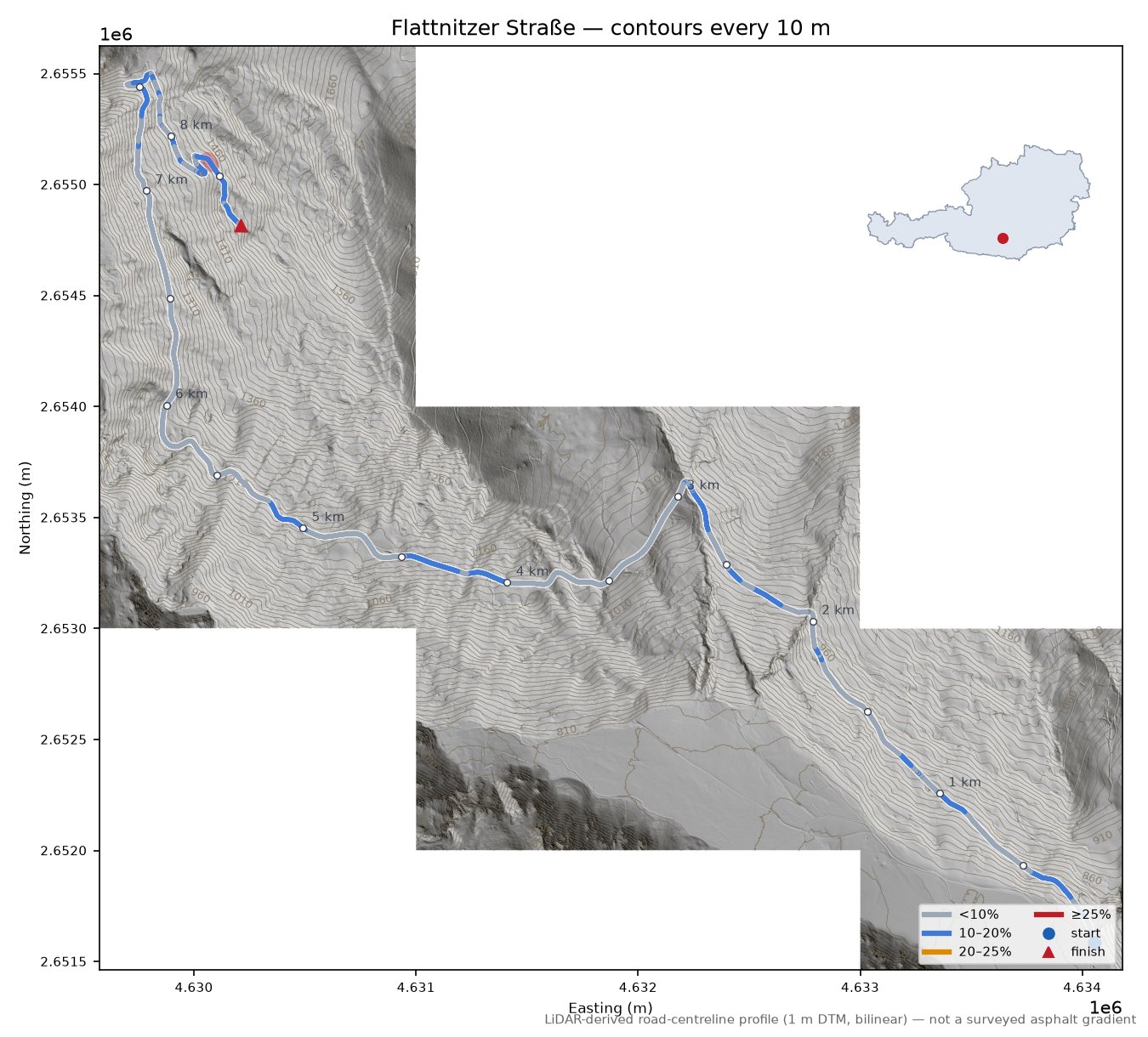 Flattnitzer Straße LiDAR hillshade map with contours