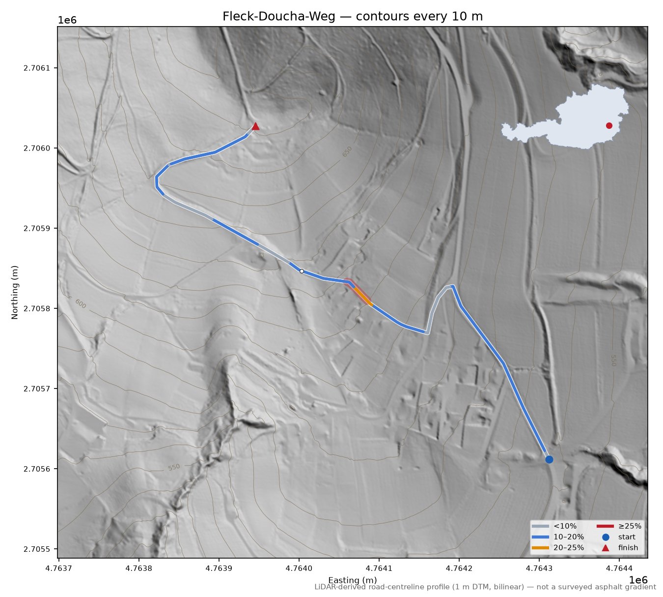 Fleck-Doucha-Weg LiDAR hillshade map with contours
