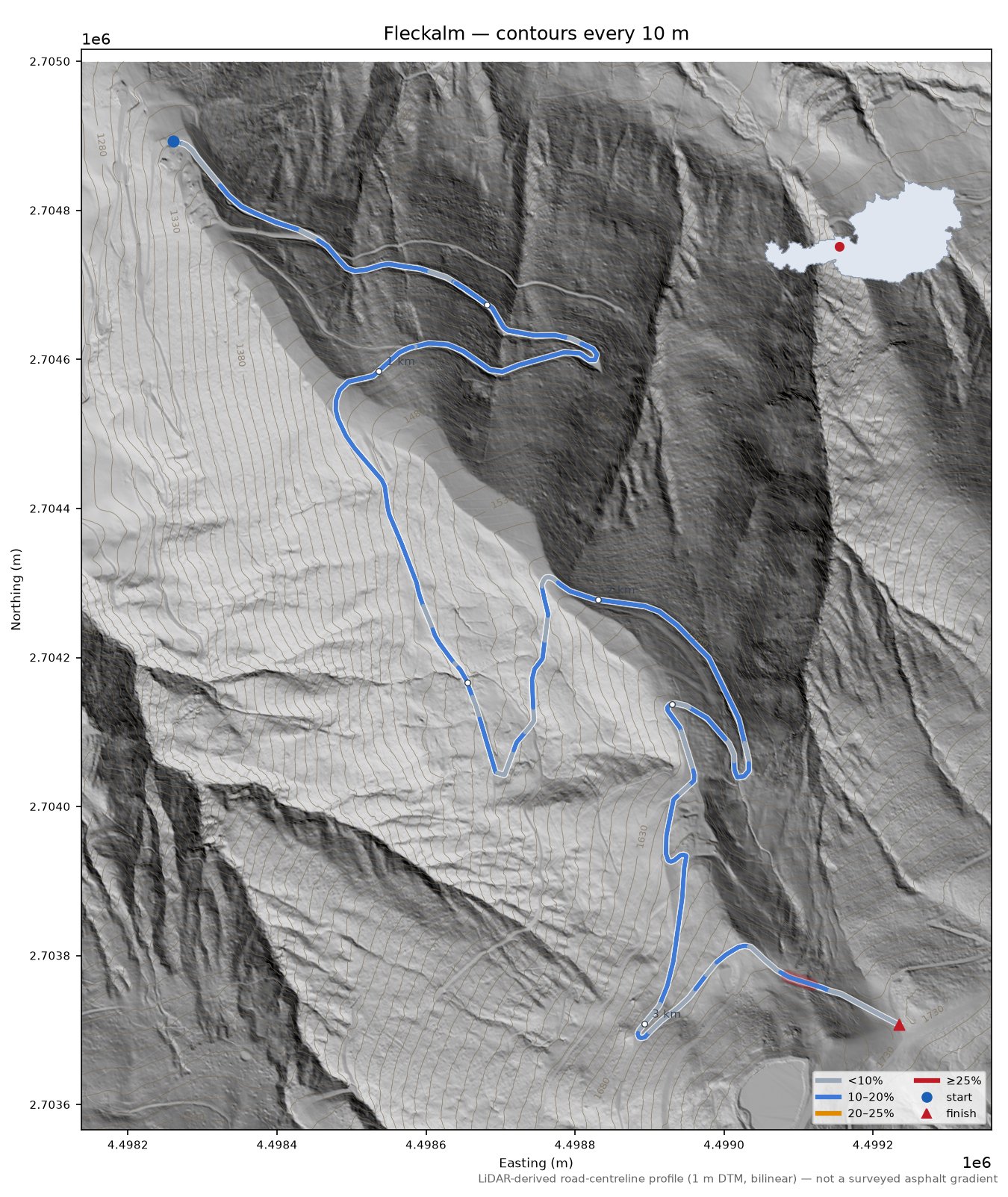 Fleckalm LiDAR hillshade map with contours