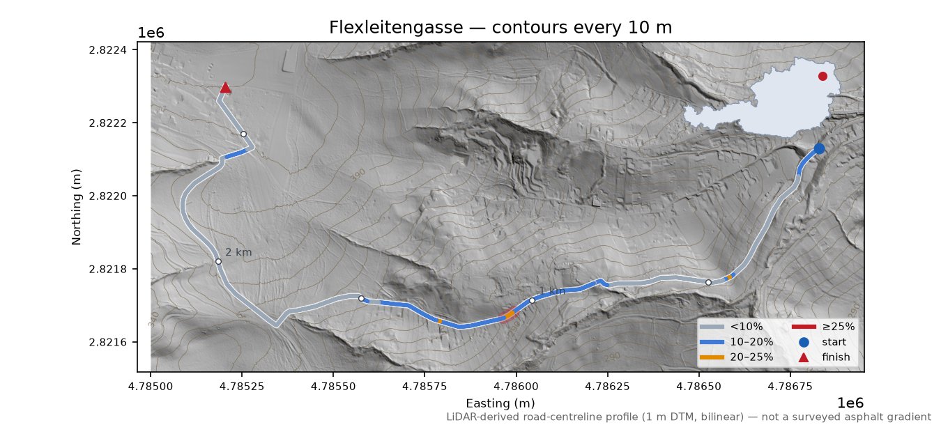 Flexleitengasse LiDAR hillshade map with contours
