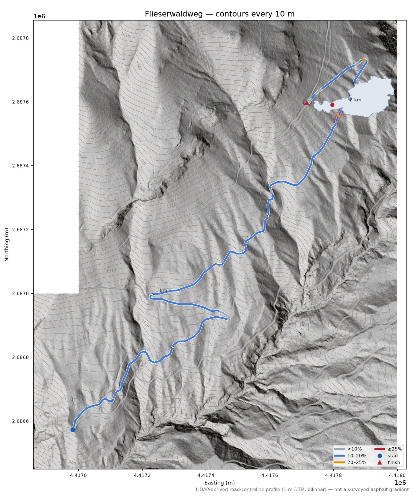 Flieserwaldweg LiDAR hillshade map with contours