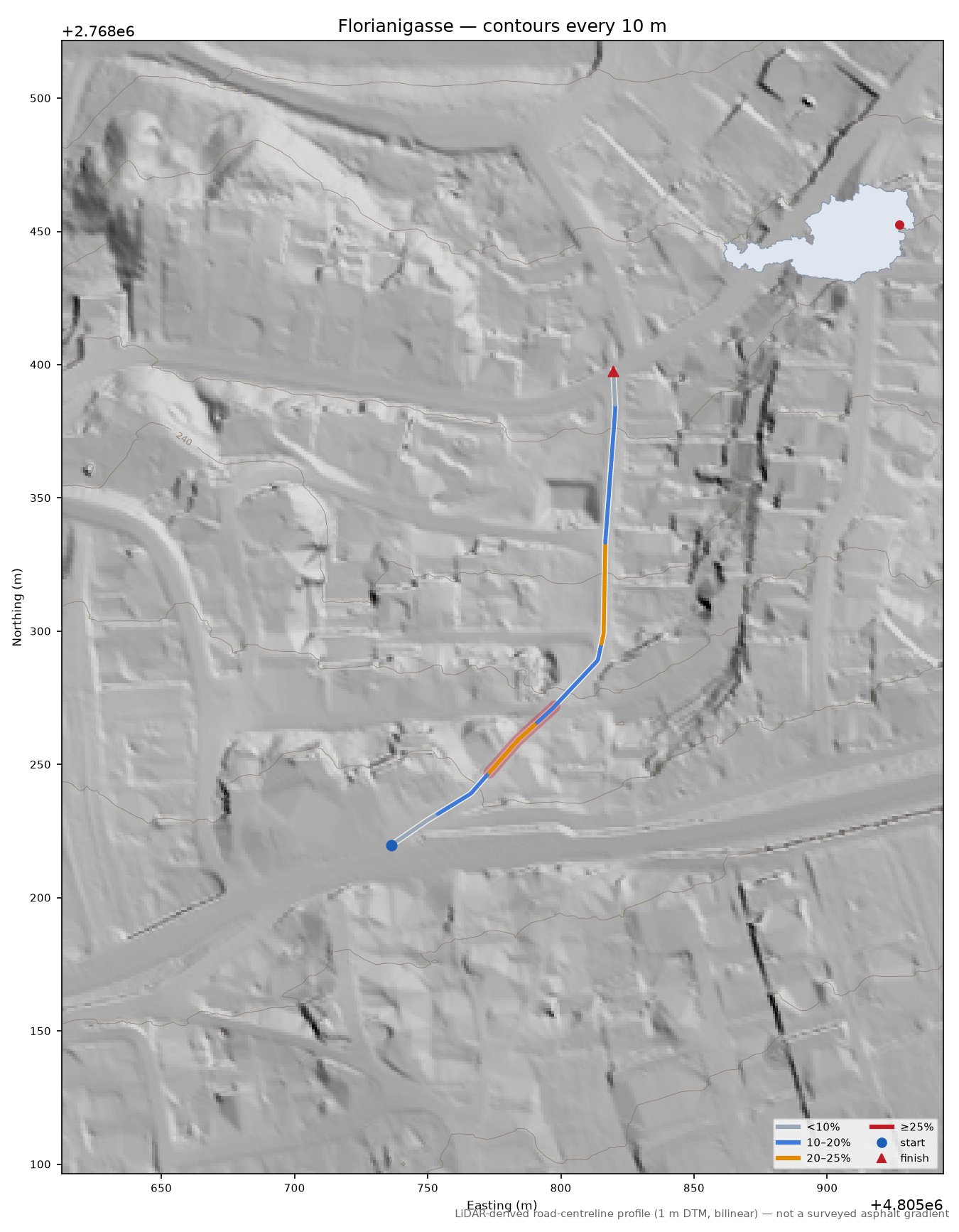 Florianigasse LiDAR hillshade map with contours