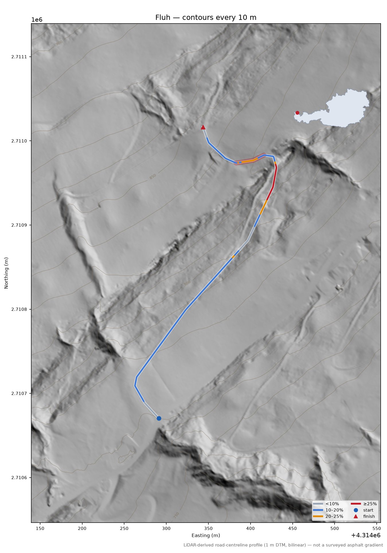 Fluh LiDAR hillshade map with contours