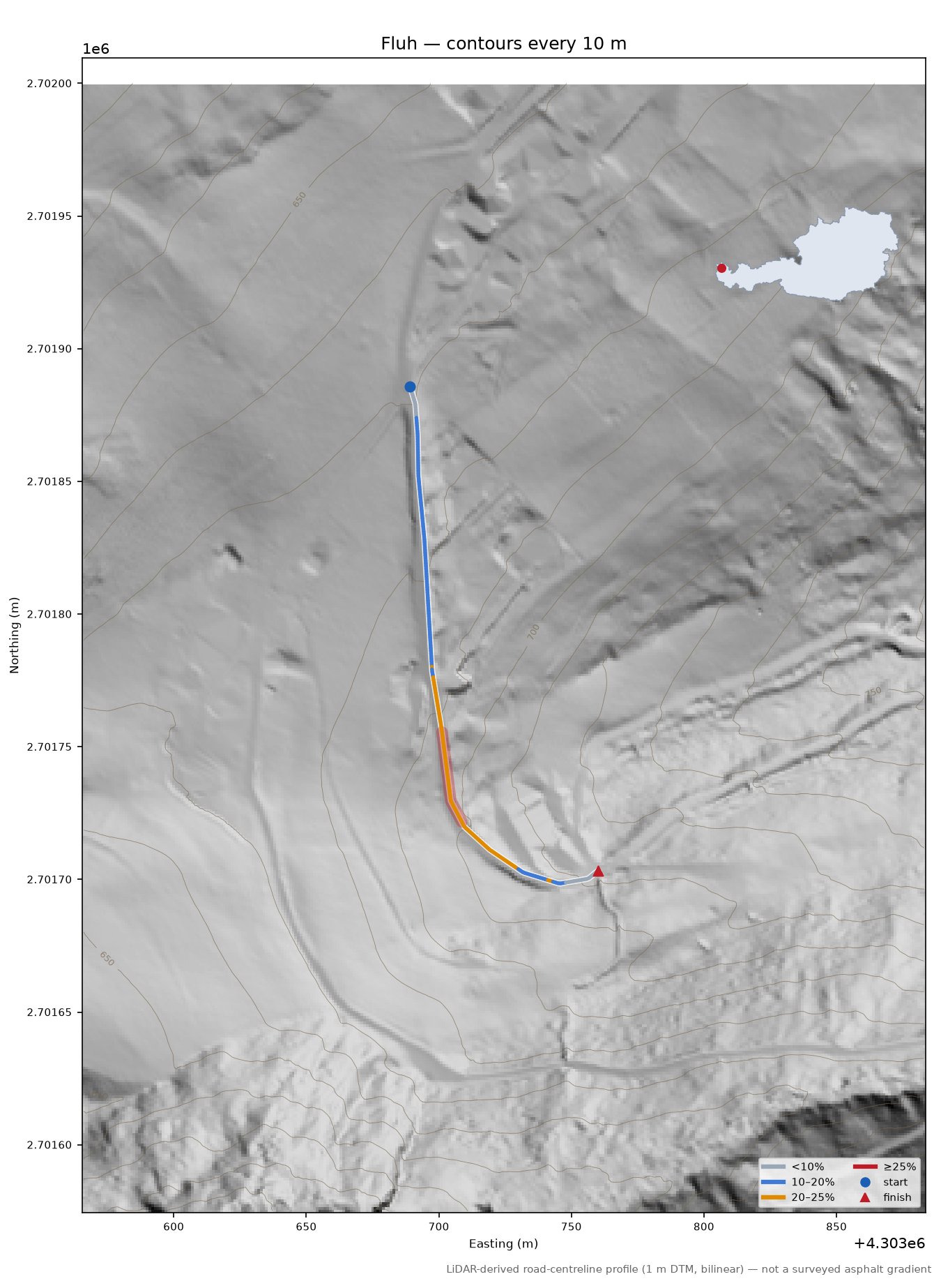 Fluh LiDAR hillshade map with contours
