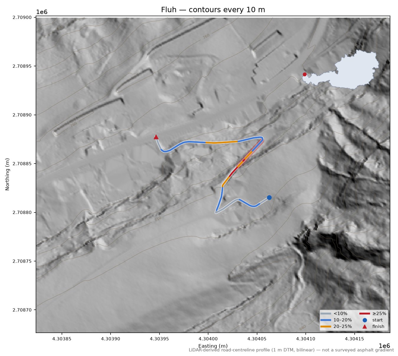 Fluh LiDAR hillshade map with contours
