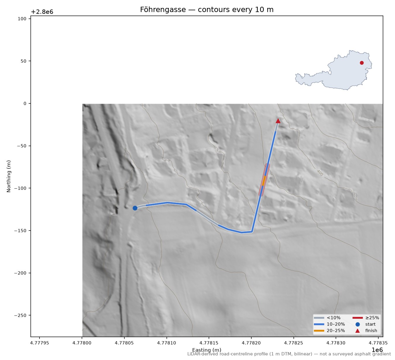 Föhrengasse LiDAR hillshade map with contours