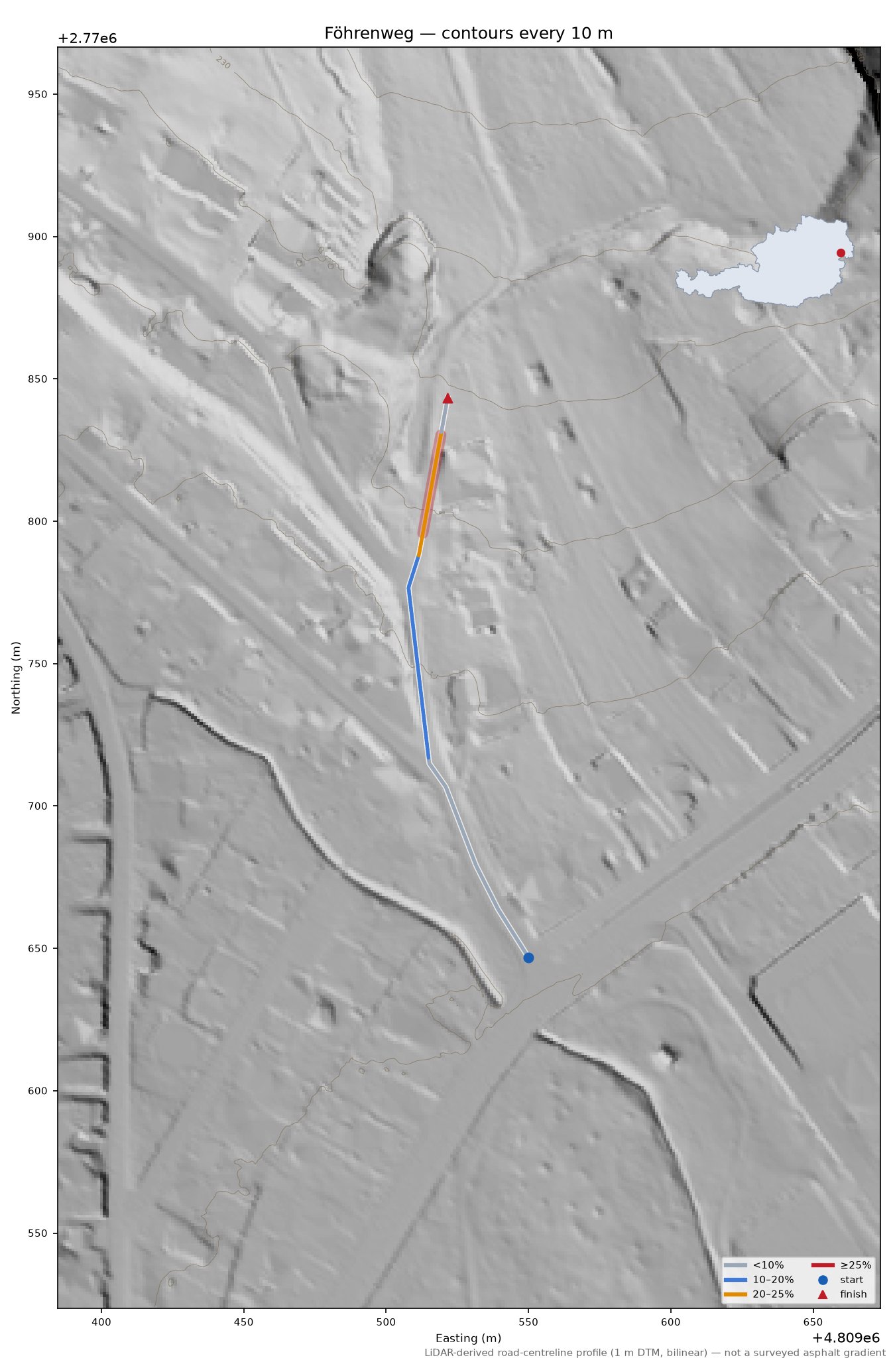 Föhrenweg LiDAR hillshade map with contours