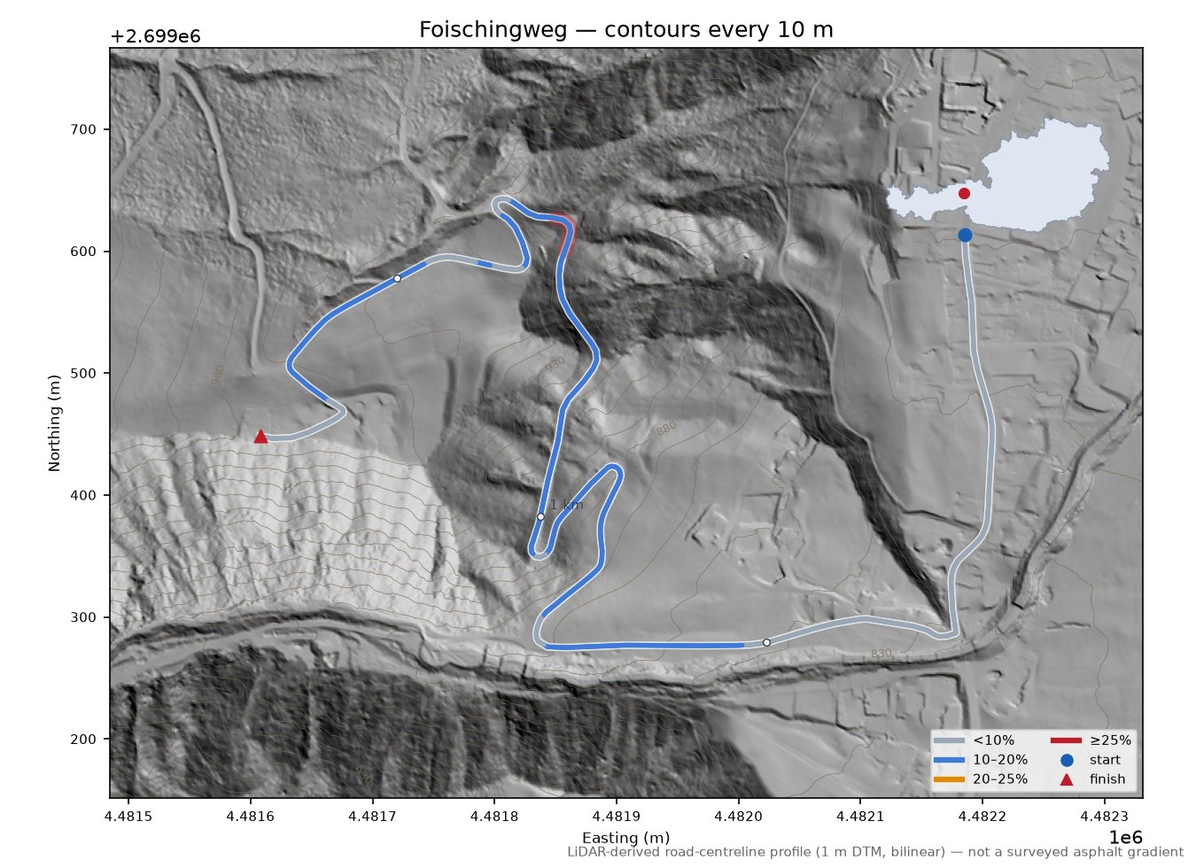 Foischingweg LiDAR hillshade map with contours