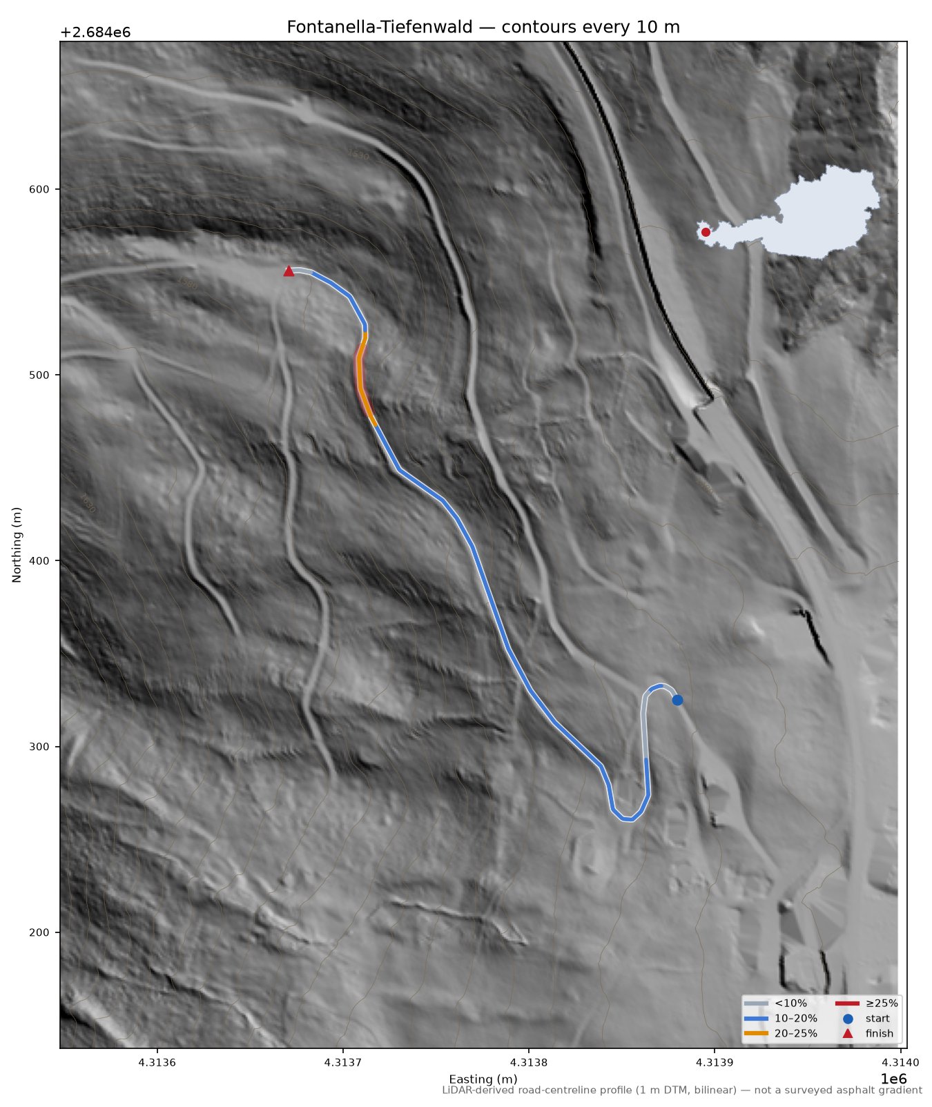 Fontanella-Tiefenwald LiDAR hillshade map with contours