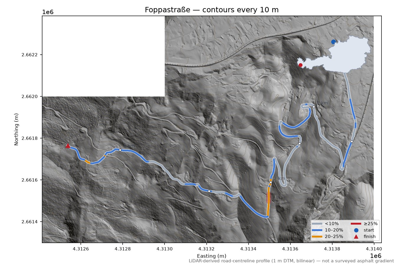 Foppastraße LiDAR hillshade map with contours