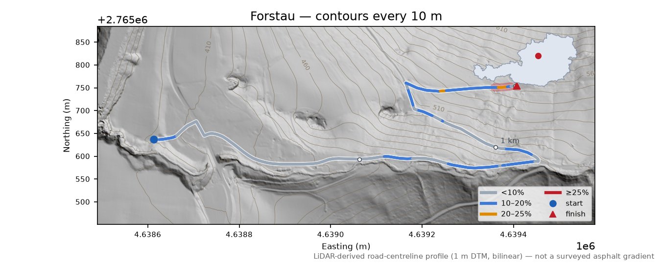 Forstau LiDAR hillshade map with contours