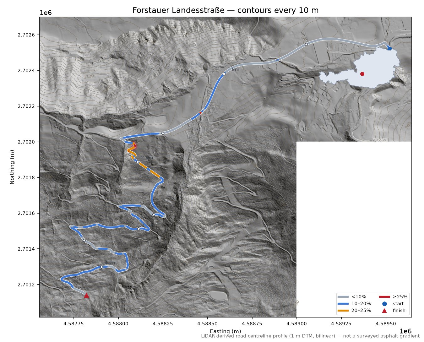 Forstauer Landesstraße LiDAR hillshade map with contours