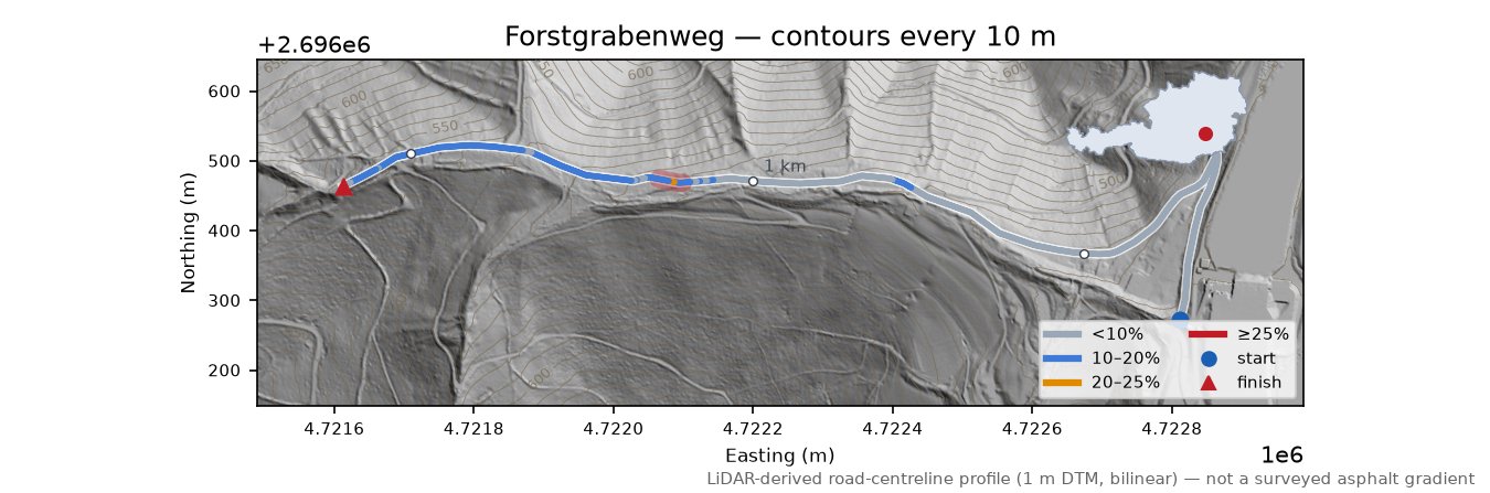 Forstgrabenweg LiDAR hillshade map with contours