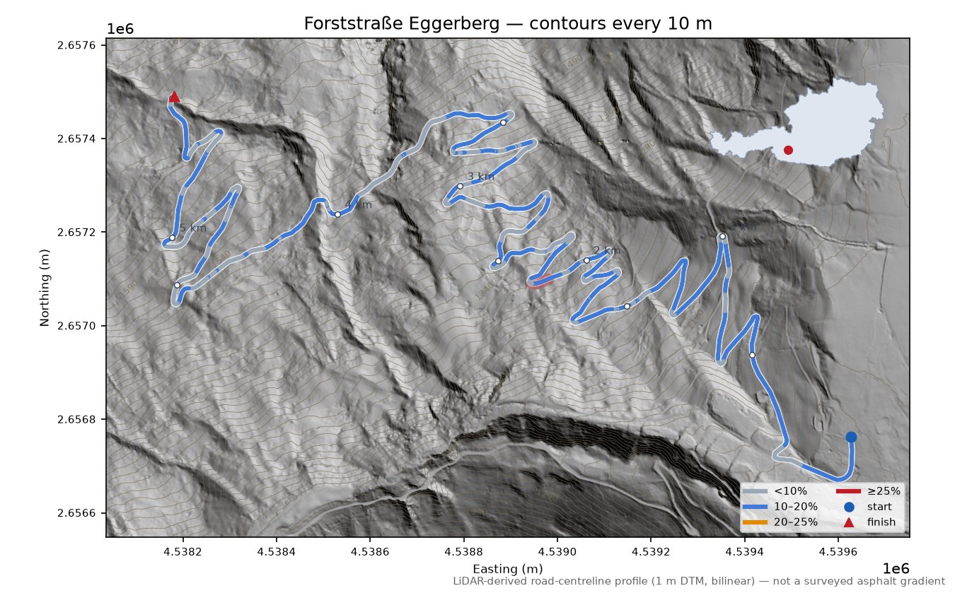 Forststraße Eggerberg LiDAR hillshade map with contours