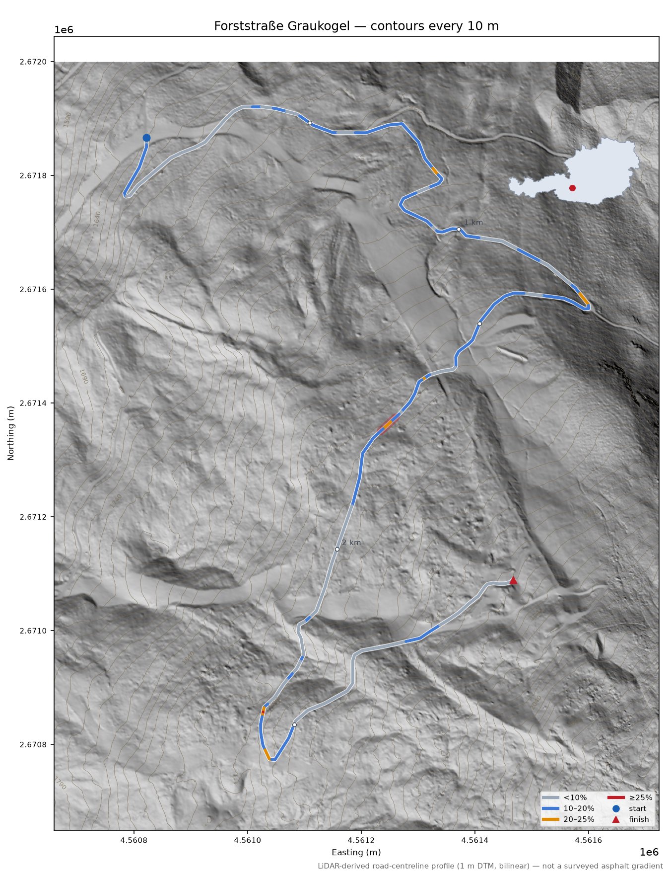Forststraße Graukogel LiDAR hillshade map with contours