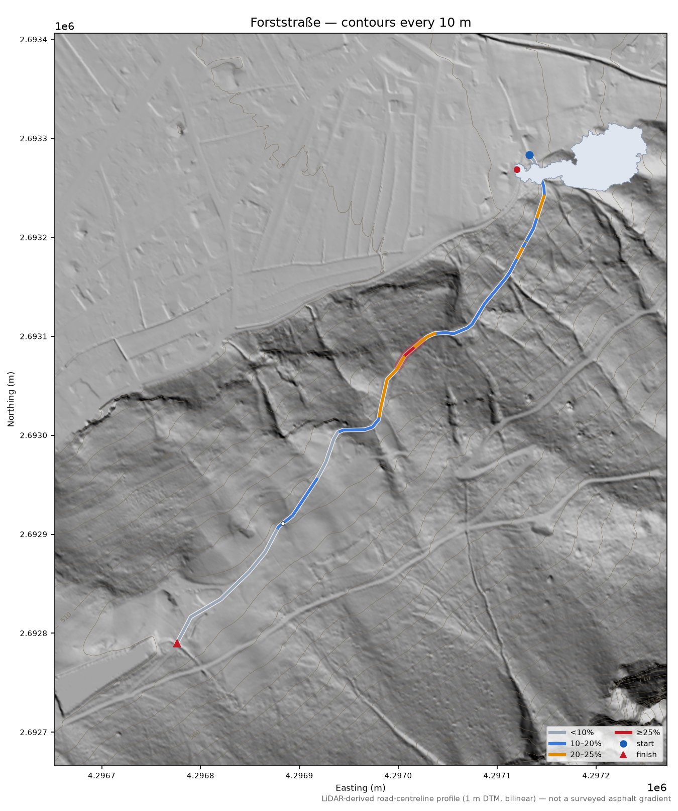 Forststraße LiDAR hillshade map with contours