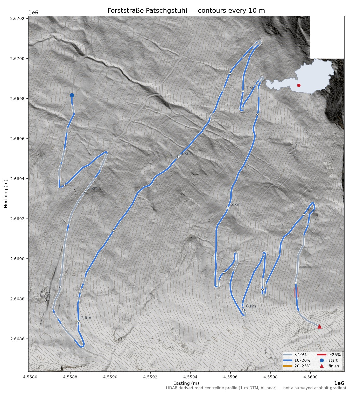 Forststraße Patschgstuhl LiDAR hillshade map with contours