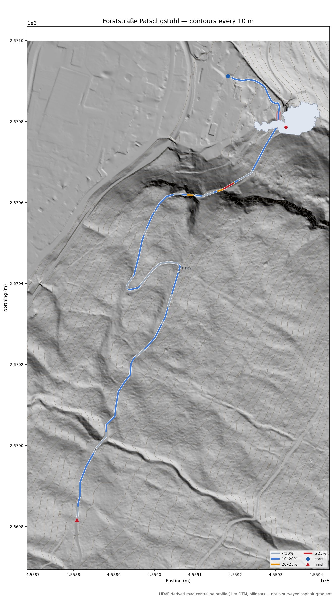 Forststraße Patschgstuhl LiDAR hillshade map with contours