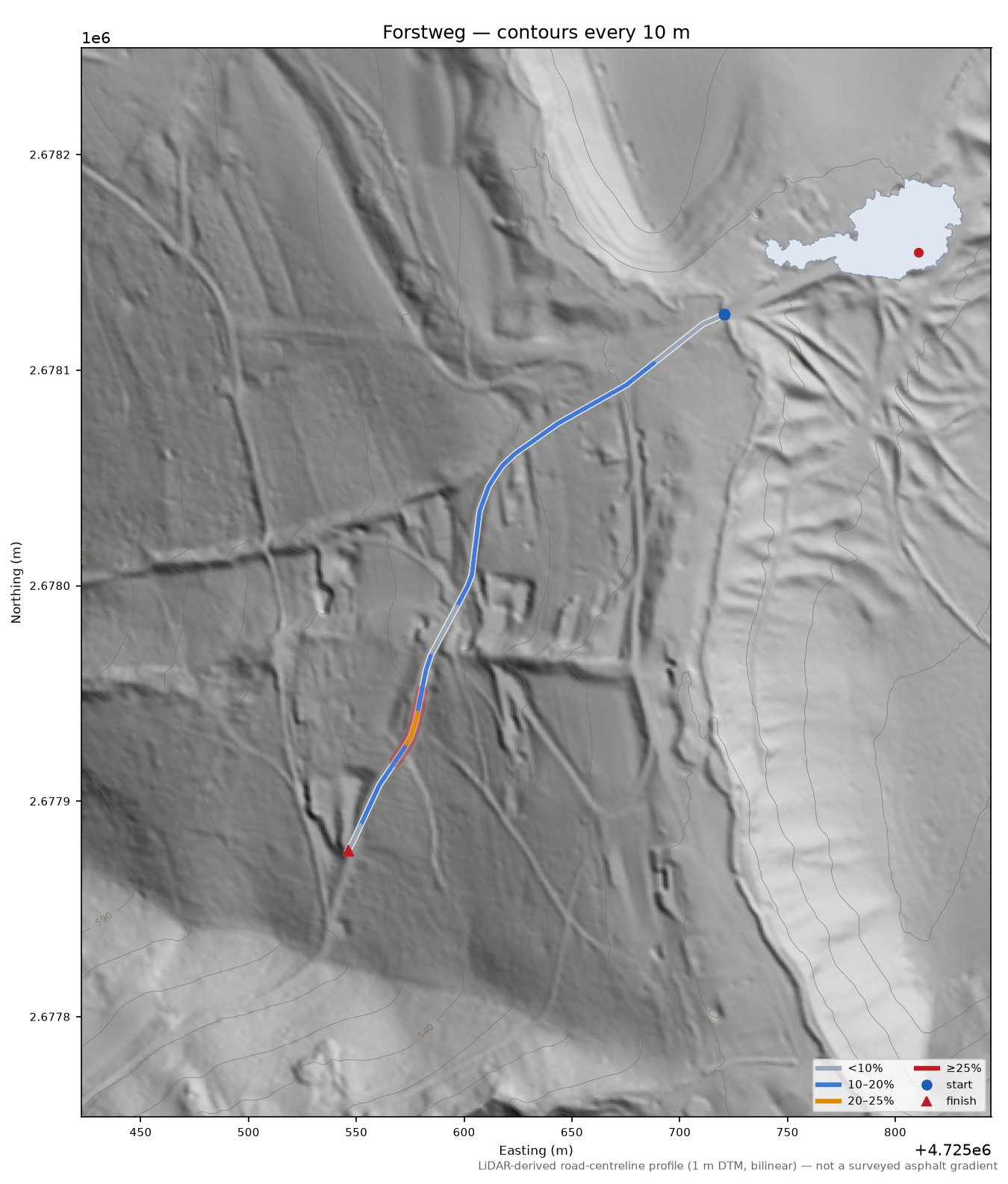 Forstweg LiDAR hillshade map with contours