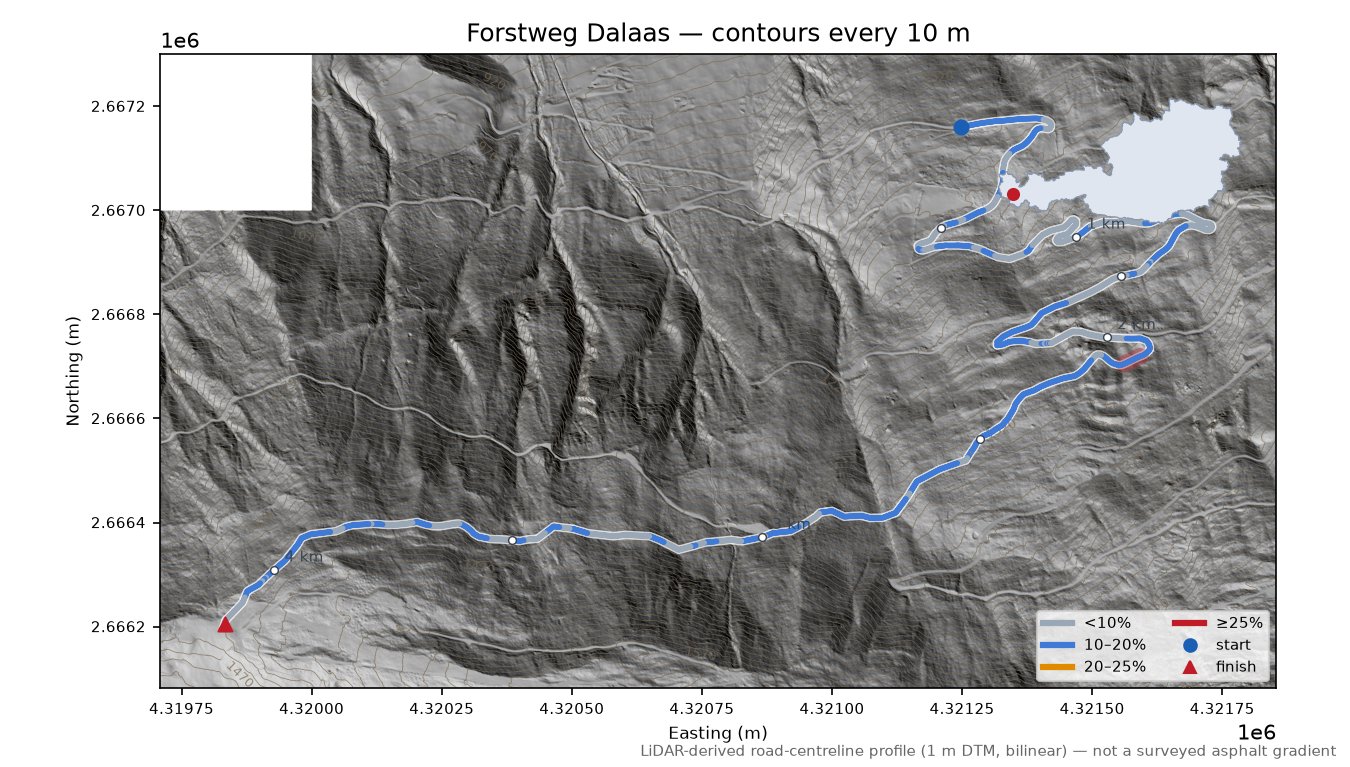 Forstweg Dalaas LiDAR hillshade map with contours