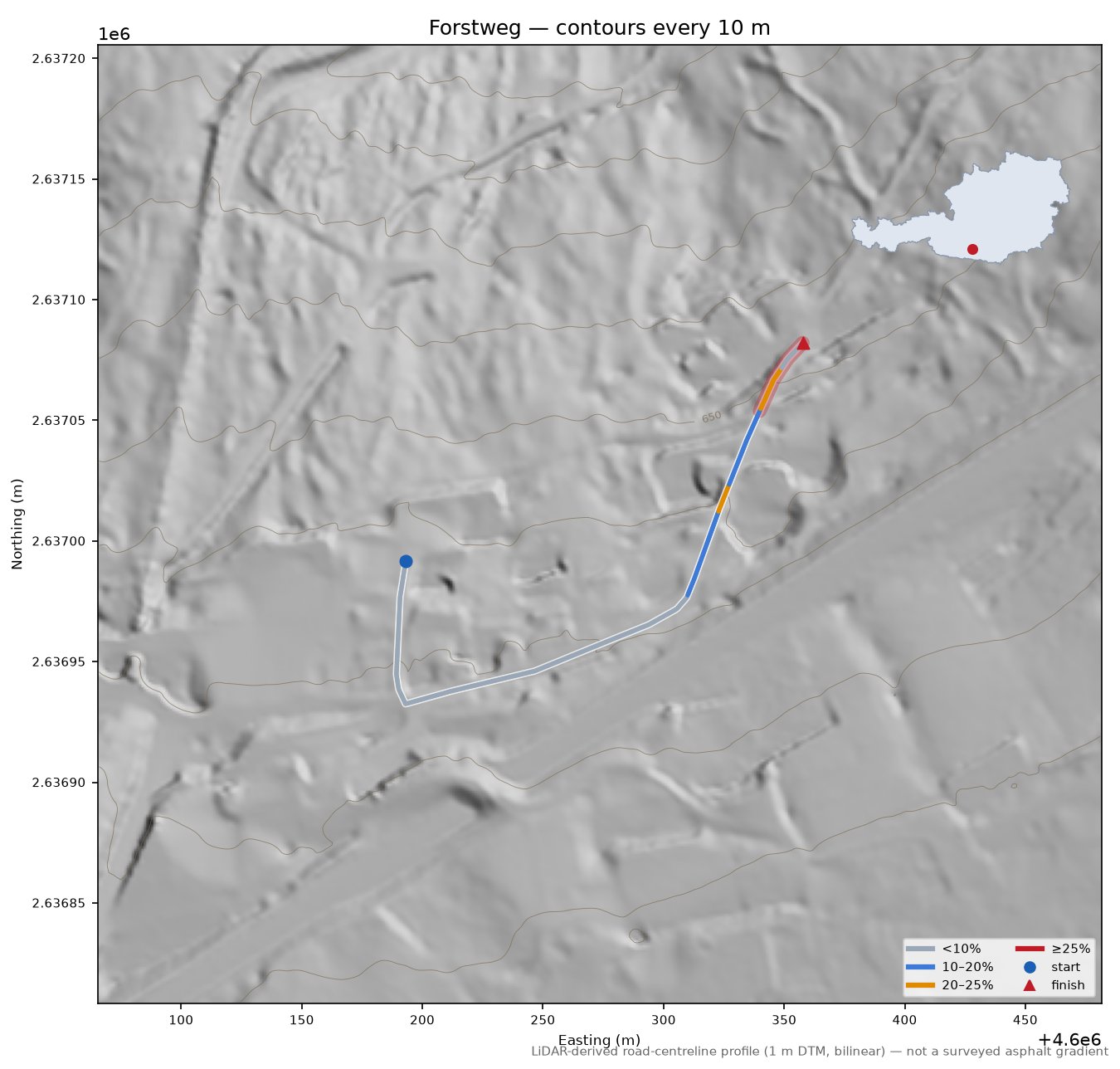 Forstweg LiDAR hillshade map with contours