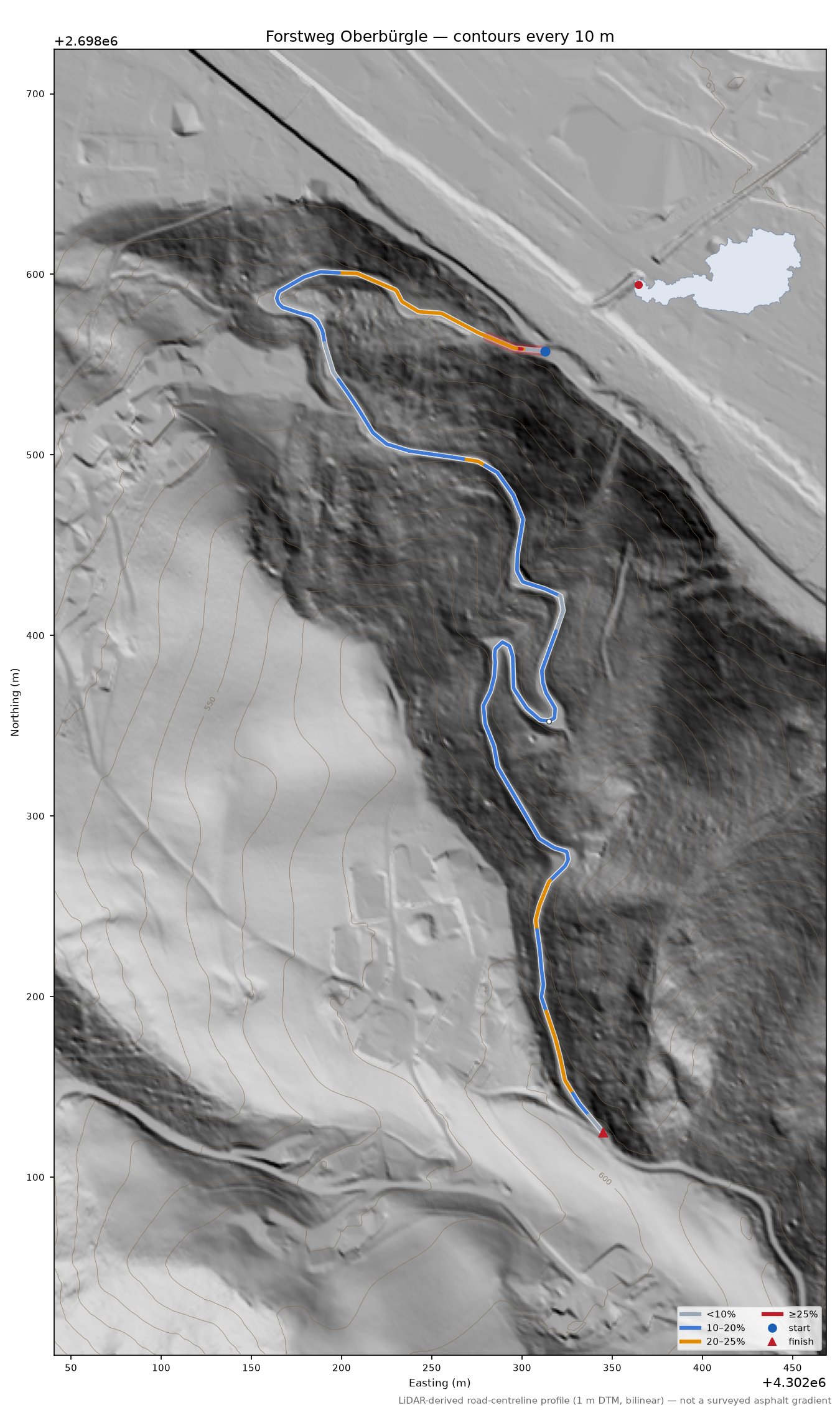 Forstweg Oberbürgle LiDAR hillshade map with contours