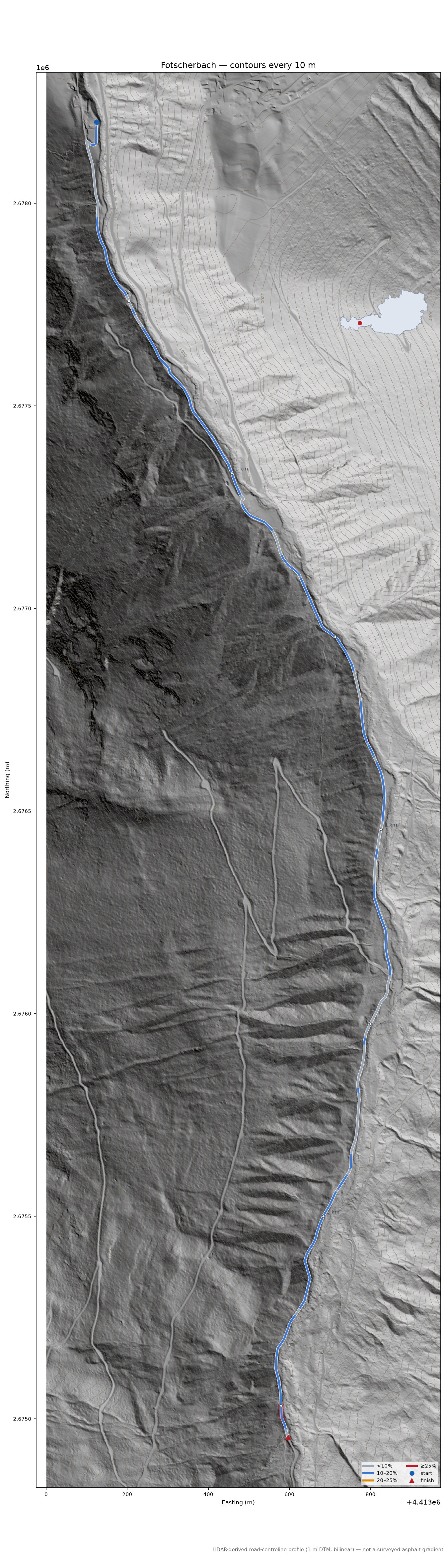 Fotscherbach LiDAR hillshade map with contours