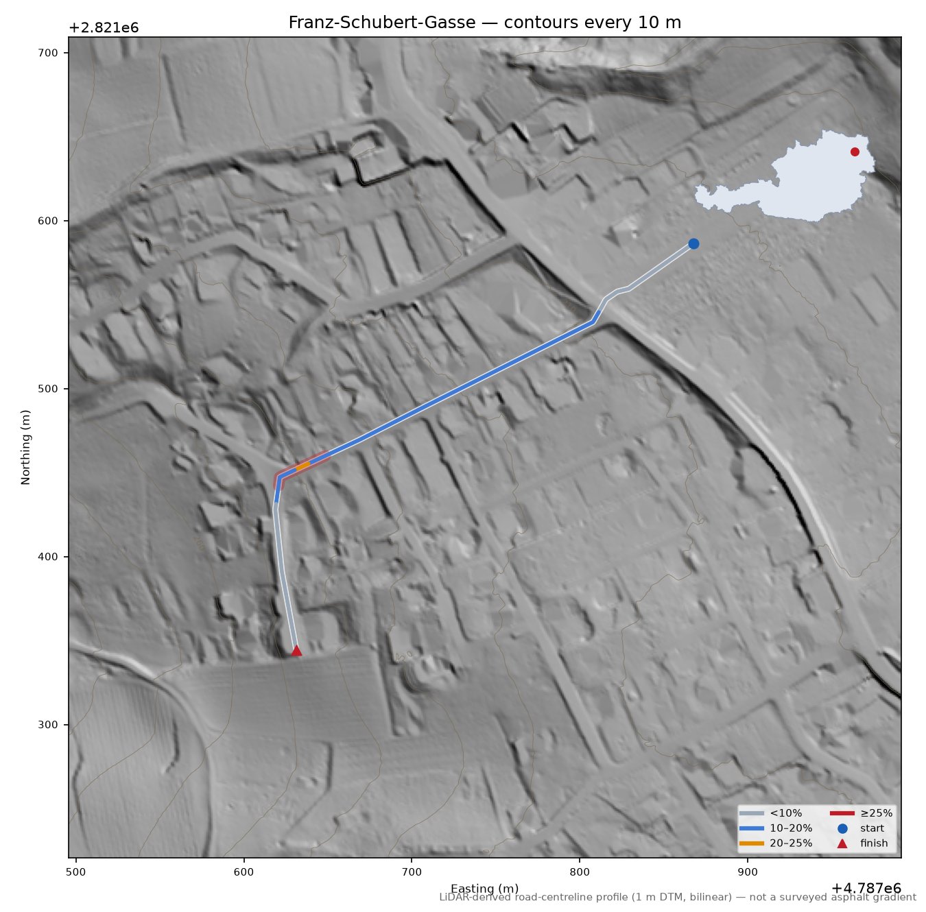 Franz-Schubert-Gasse LiDAR hillshade map with contours