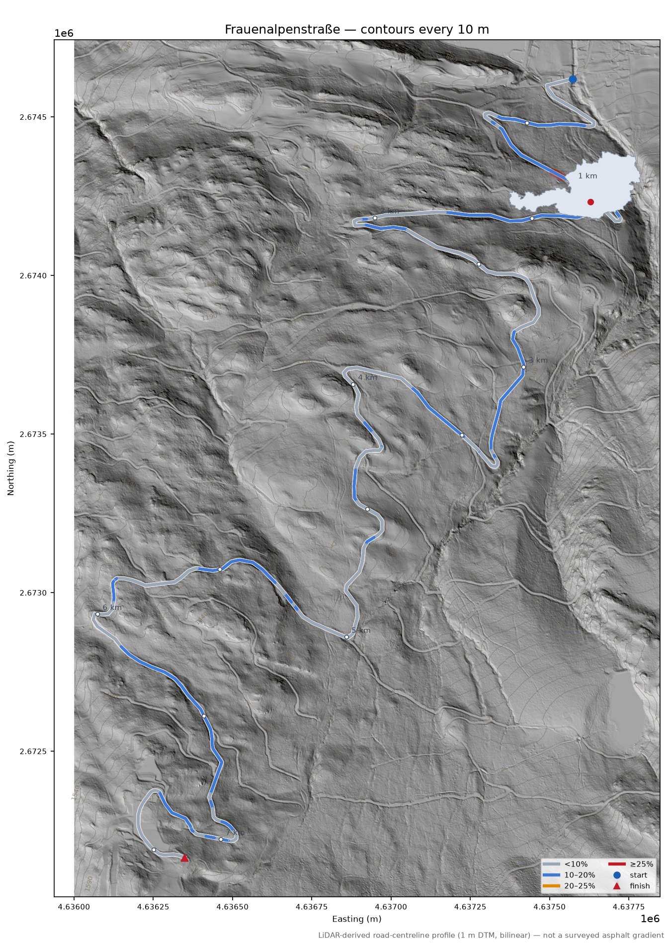 Frauenalpenstraße LiDAR hillshade map with contours