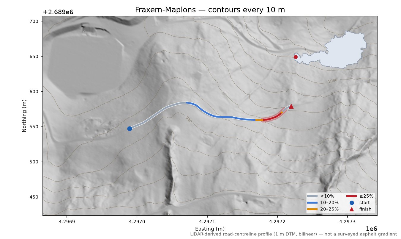 Fraxern-Maplons LiDAR hillshade map with contours