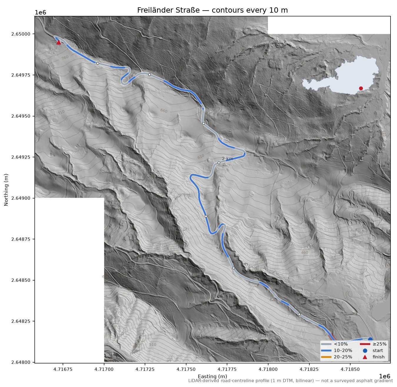 Freiländer Straße LiDAR hillshade map with contours