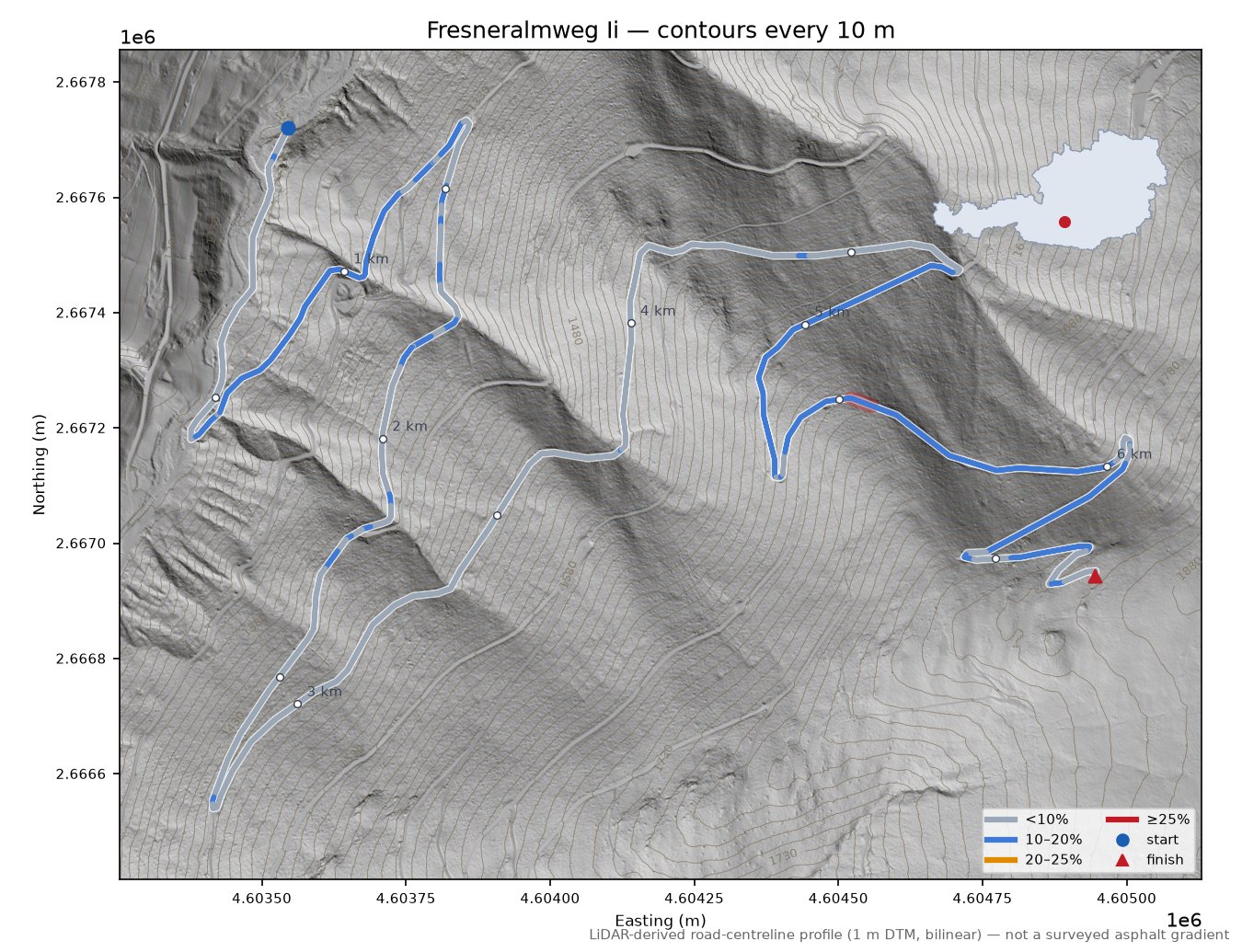 Fresneralmweg Ii LiDAR hillshade map with contours