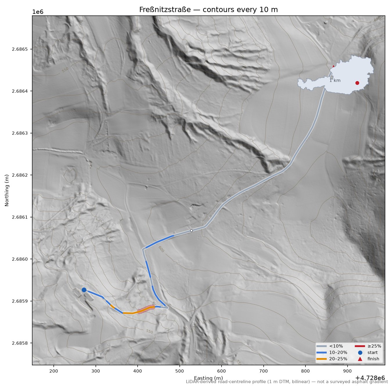 Freßnitzstraße LiDAR hillshade map with contours