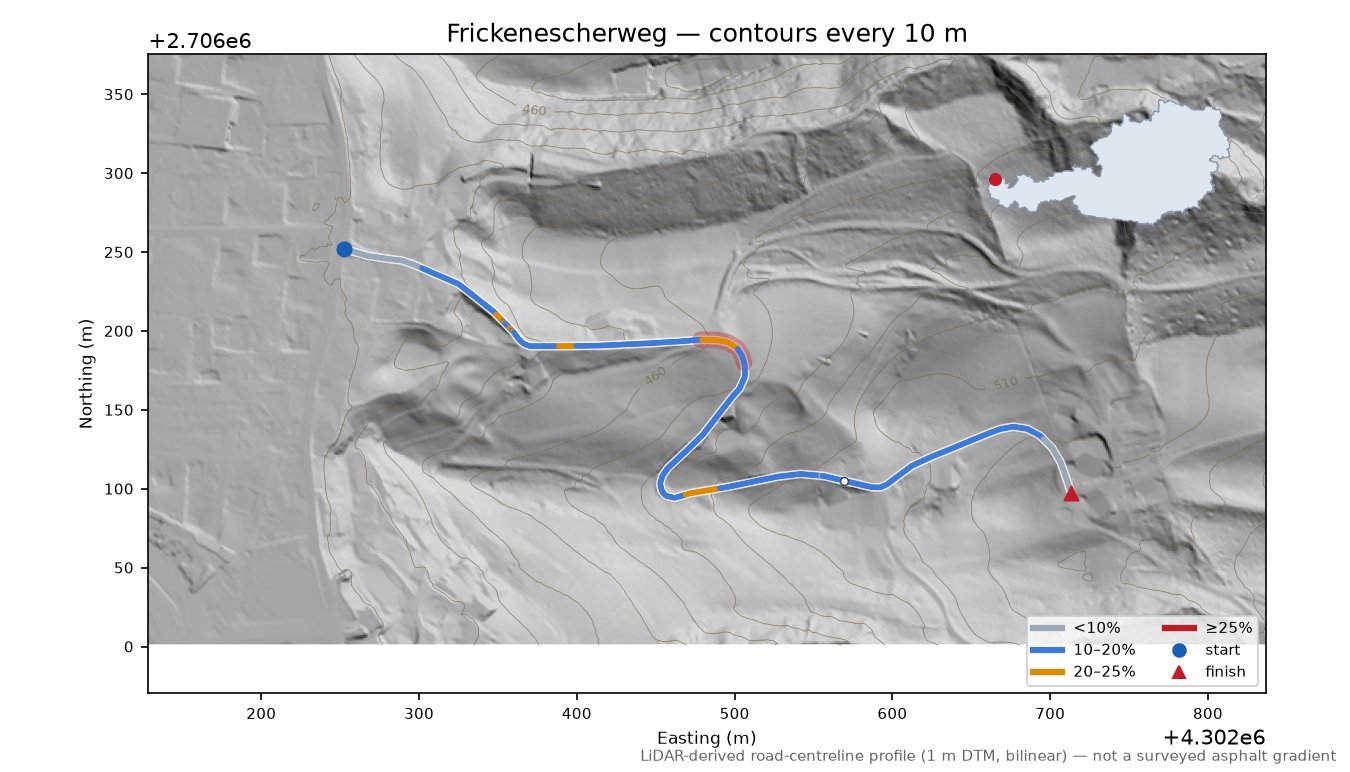 Frickenescherweg LiDAR hillshade map with contours