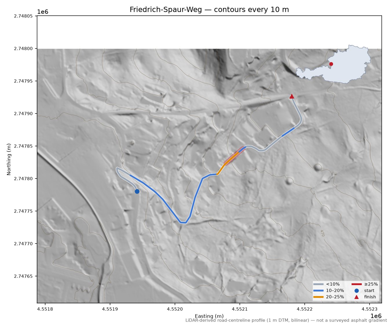 Friedrich-Spaur-Weg LiDAR hillshade map with contours