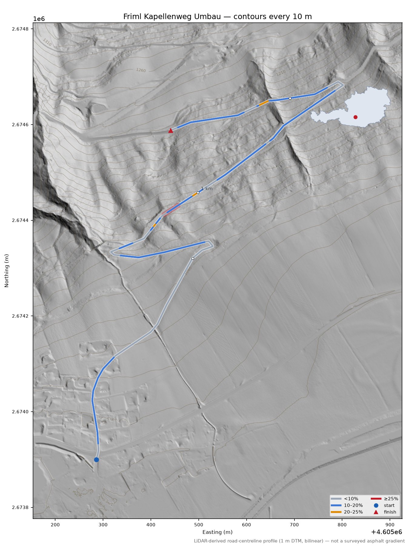 Friml Kapellenweg Umbau LiDAR hillshade map with contours