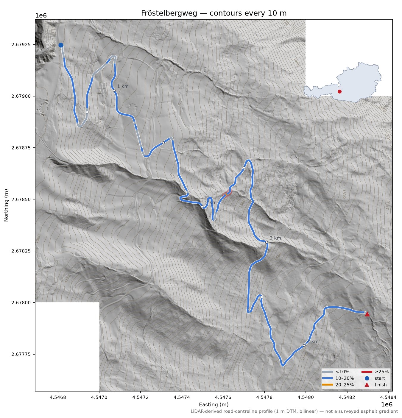 Fröstelbergweg LiDAR hillshade map with contours