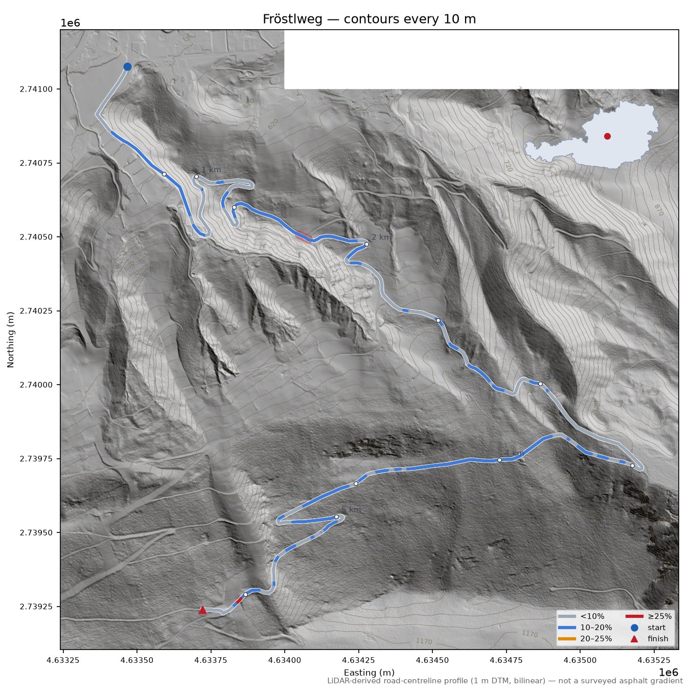 Fröstlweg LiDAR hillshade map with contours