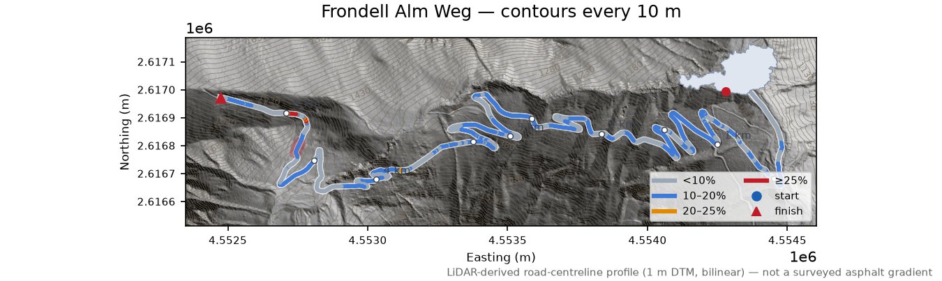 Frondell Alm Weg LiDAR hillshade map with contours