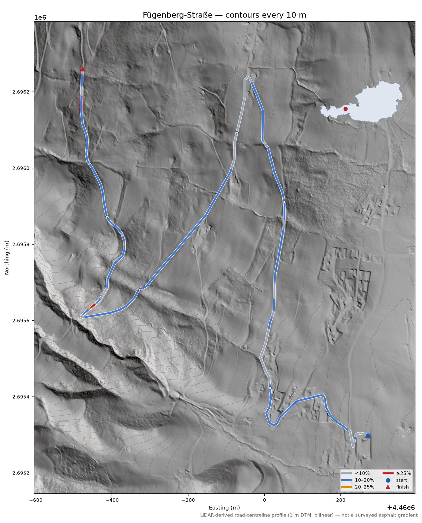 Fügenberg-Straße LiDAR hillshade map with contours