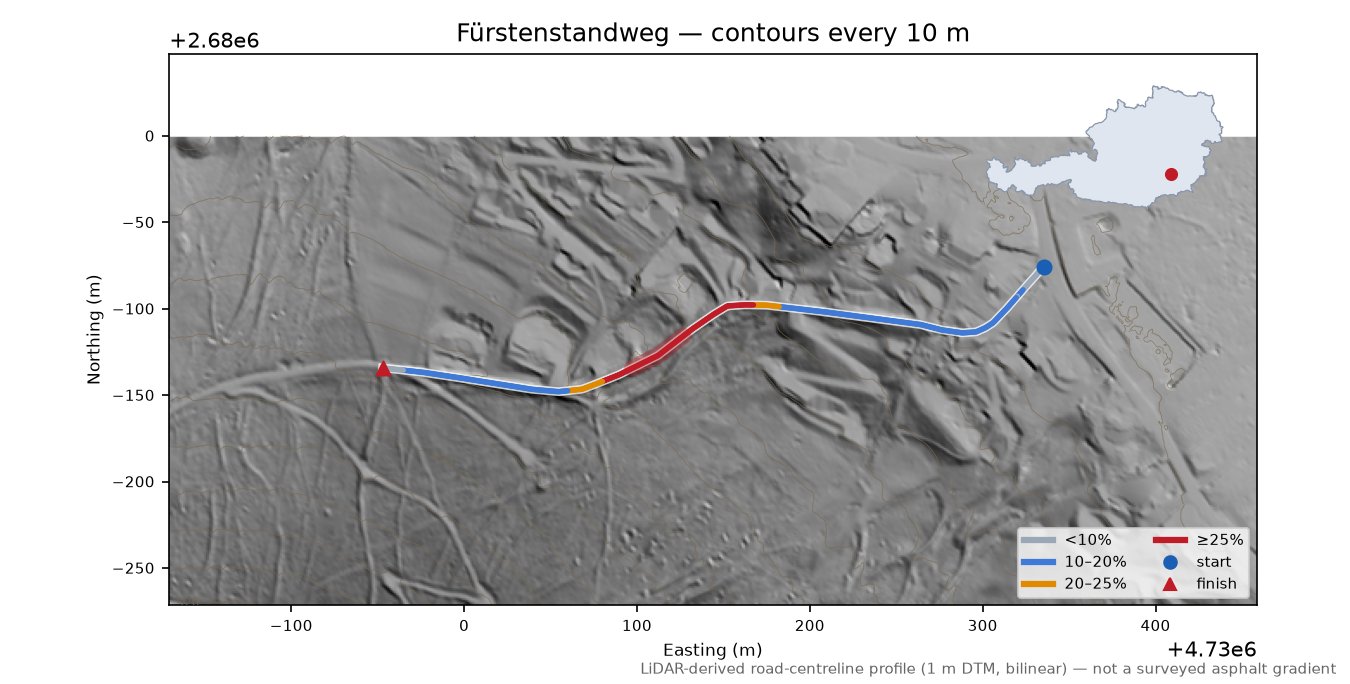 Fürstenstandweg LiDAR hillshade map with contours