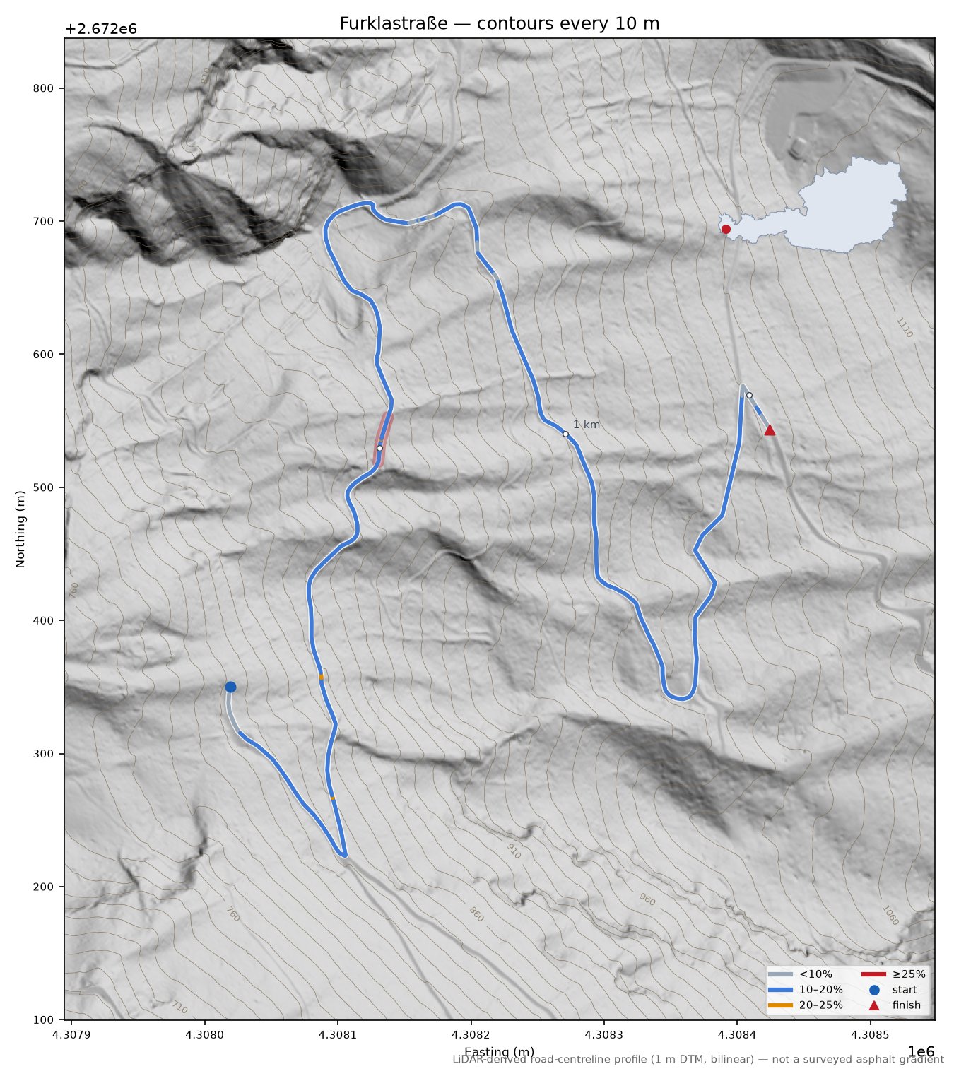 Furklastraße LiDAR hillshade map with contours