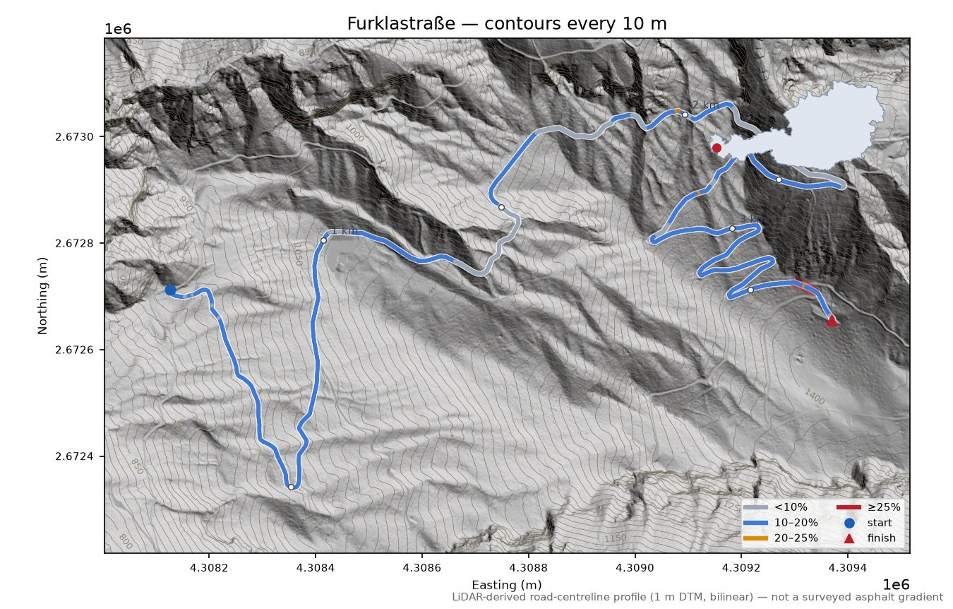 Furklastraße LiDAR hillshade map with contours