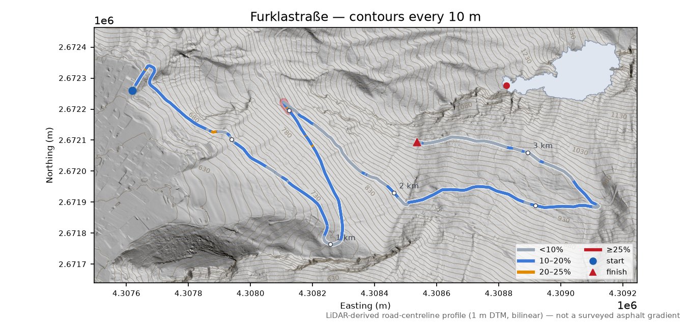 Furklastraße LiDAR hillshade map with contours