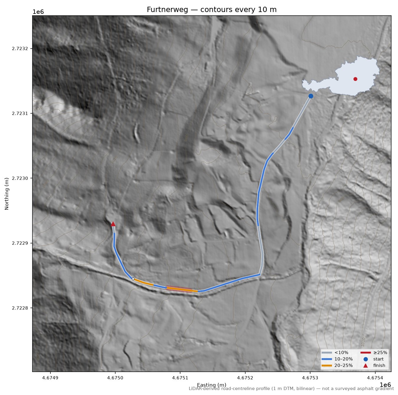 Furtnerweg LiDAR hillshade map with contours