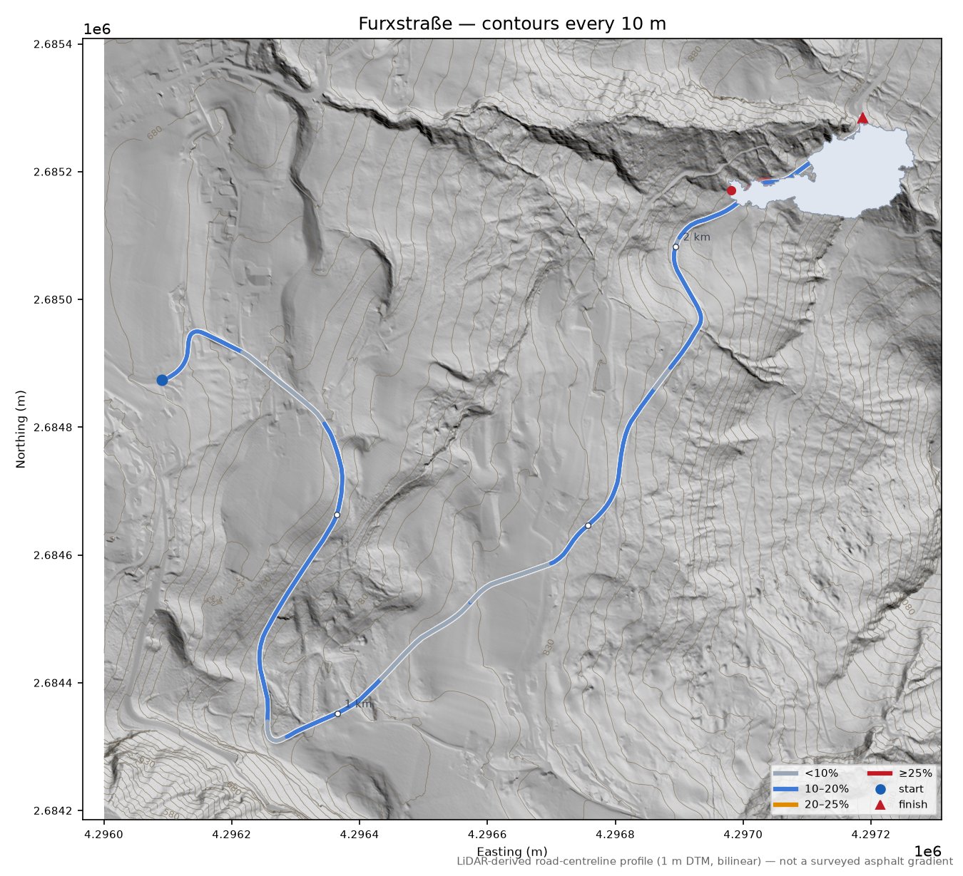Furxstraße LiDAR hillshade map with contours