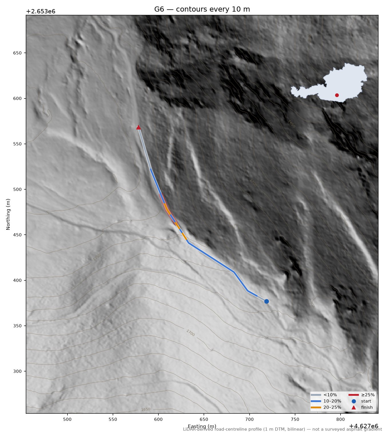 Discovered lane (46.9199, 14.0240) LiDAR hillshade map with contours