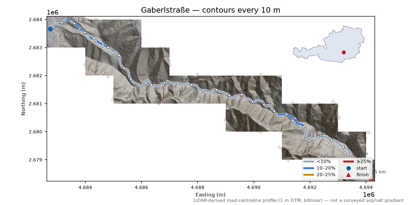 Gaberlstraße LiDAR hillshade map with contours