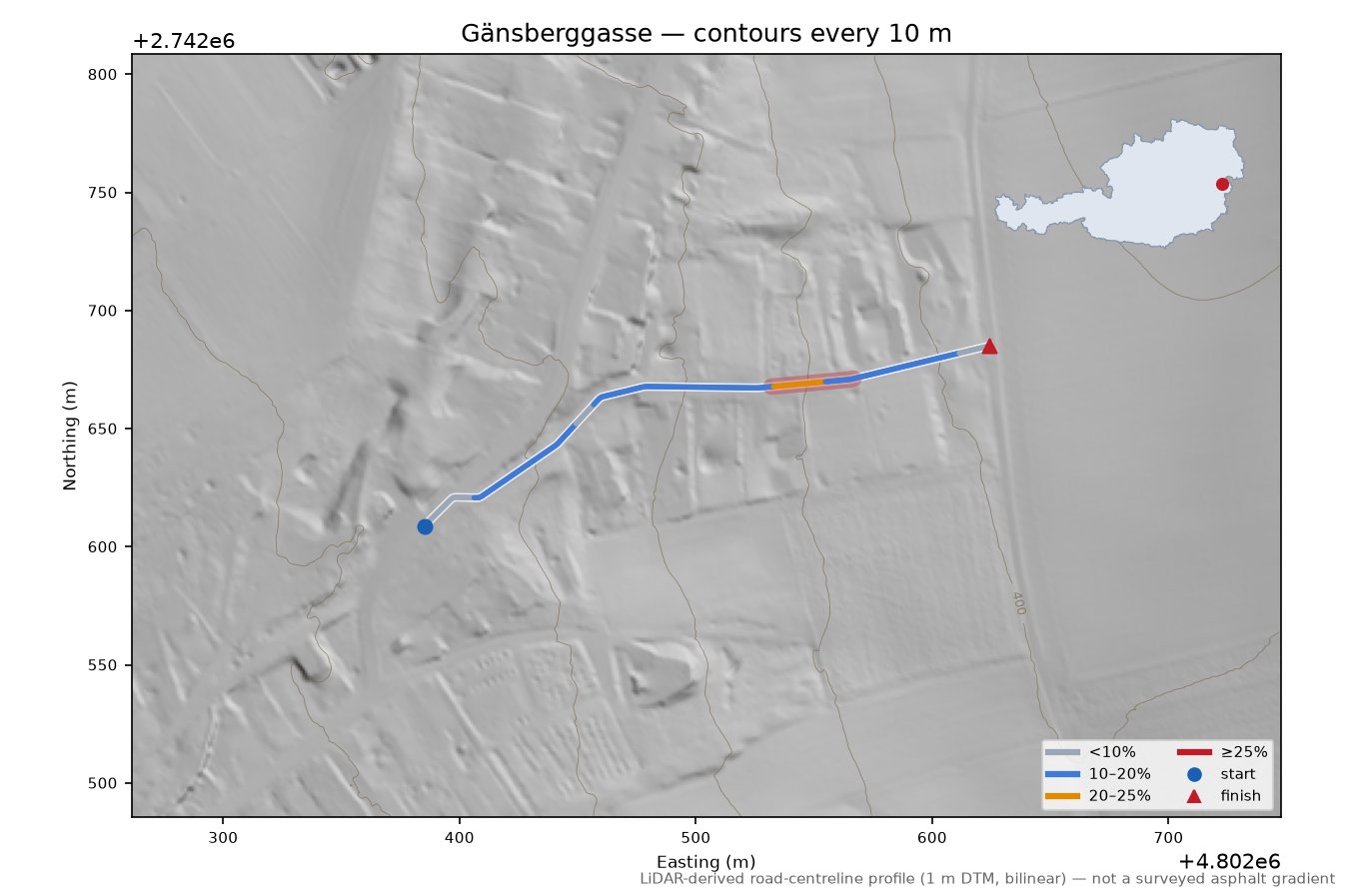 Gänsberggasse LiDAR hillshade map with contours