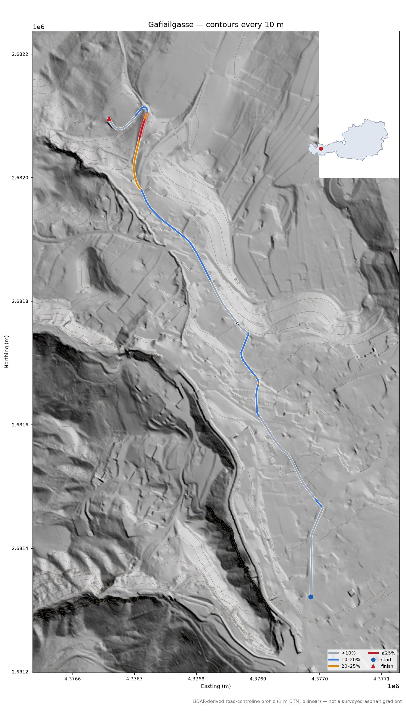 Gafiailgasse LiDAR hillshade map with contours